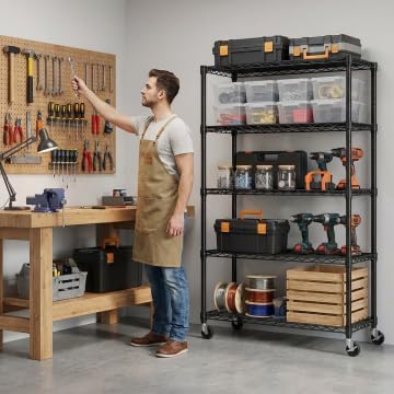 REIBII 1653LBS Storage Shelves with Wheels,76.1" H Metal Shelving 5-Tire Adjustable Wire Shelving Pantry Shelves for Garage Shelving, Pantry, Kitchen, Closet, Commercial,15.7" D x 35.4" Wx76.1 H