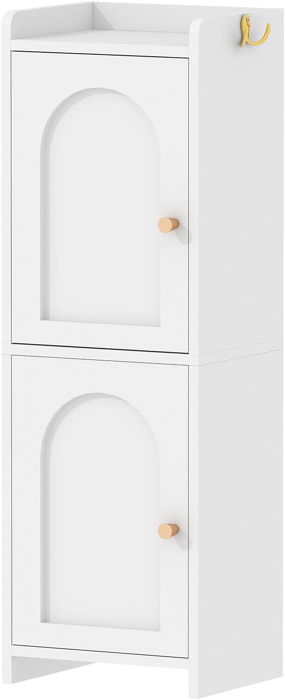 Arbuxzuy Small Bathroom Storage Cabinet,Corner Floor Cabinet with 2 Doors and Adjustable Shelf, Narrow Toilet Paper Cabinets with 2Hooks,Toilet Organizer for Small Spaces,7.87"D*9.84"W*29.72"H(White)