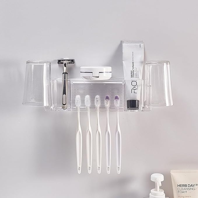 5 Slots Wall Mount Toothbrush Holder with Cover, Self Adhesive Toothbrush Storage Organizer for Shower, Toothpaste & Toothbrush Hanger for Bathroom, Medicine Cabinet, Dorm (Clear Large)