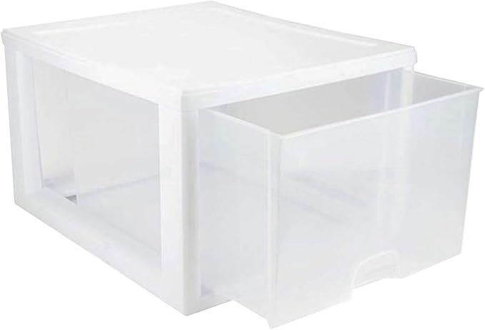 Sterilite 16-Pack 27 Quart Stacking Drawer, Clear Storage Closet Organizer, White Frame - Stackable Modular Plastic Drawers for Clothes, Accessories, Craft Supplies, Shoes or Linens
