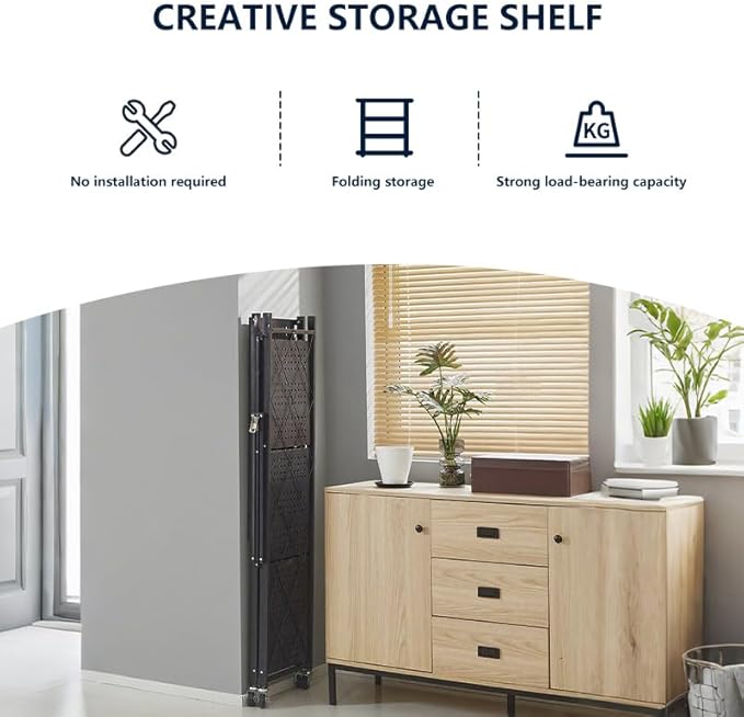 4 Tier Foldable Storage Shelves with Locking Wheels, Assembled Rolling Shelving for Kitchen, Pantry, Closet & Laundry Room, Space-Saving Organizer, 28.5" L x 14.2" W x 46.1" H