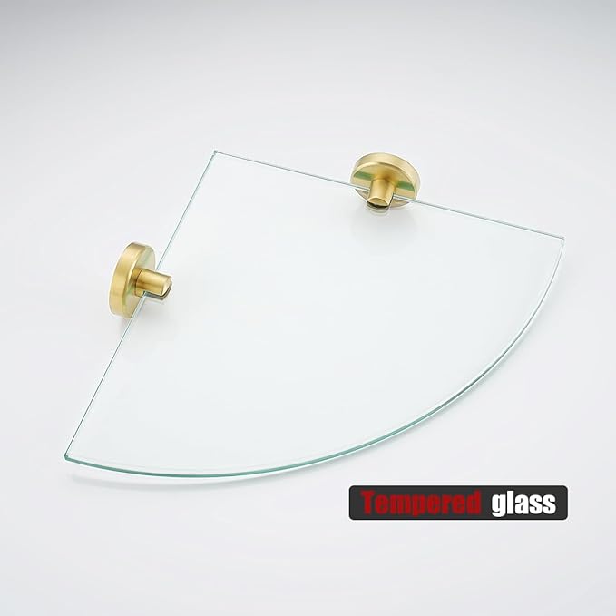 JQK Corner Glass Shelf 10.67 Inch, Brushed Gold Bathroom 304 Stainless Steel Shower Triangle Floating Wall Shelf Tempered Glass, 3 Pack TGS190L10-BG-P3