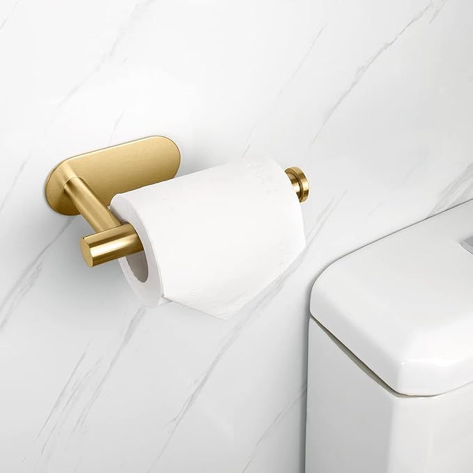 NearMoon Toilet Paper Holder Self Adhesive, Premium Thicken SUS304 Stainless Steel Rustproof Adhesive Toilet Roll Holder no Drilling for Bathroom, Kitchen, Washroom (1 Pack, Brushed Gold)