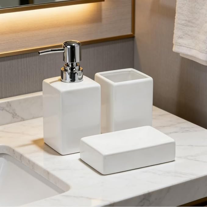White Bathroom Accessory Set 3 Pcs,Ceramic Soap Dispenser and Toothbrush Toothpaste Holder Cup Soap Dish,Modern Countertop Bath Decor Set for Stylish Bathroom Organization