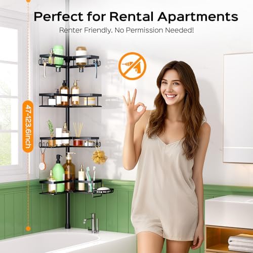 HAMITOR Shower Caddy Tension Pole: 4-Tier Corner Bathroom Organizer Shelf with Soap Holder & Hooks - No-Drill Adjustable Standing Storage Rack for Apartment Renters - 47-123 Inch Black