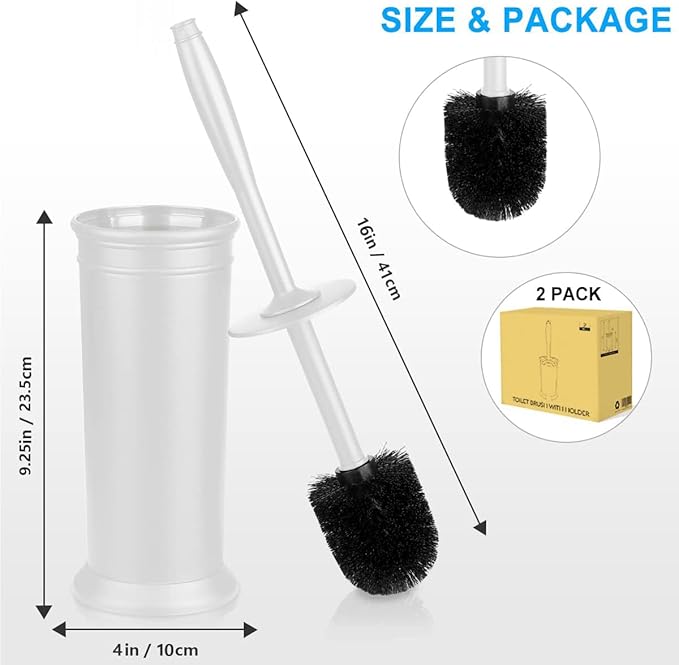 Toilet Brush and Holder 2 Pack, Toilet Bowl Brush with Extra Long Handle, Toilet Scrubber and Covered Holder, Toilet Brushes for Bathroom-Space Saving, Covered Brush, Durable, Deep Cleaning(White)