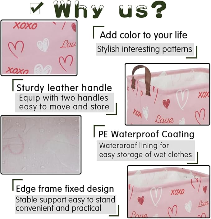 FXOLCSHE Rectangular Girl Pink Basket,XOXO heart gift box,Pink baskets with Handle Organizer,Nursery hamper,Gift baskest,Shelf Basket(XOXO hearts)