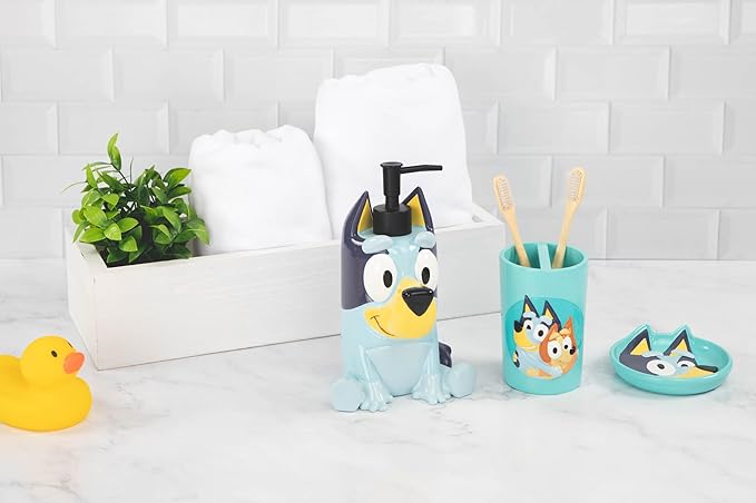 Jay Franco Bluey Soap Dispenser - Blue Kids Bathroom Accessory - Resin Lotion Pump