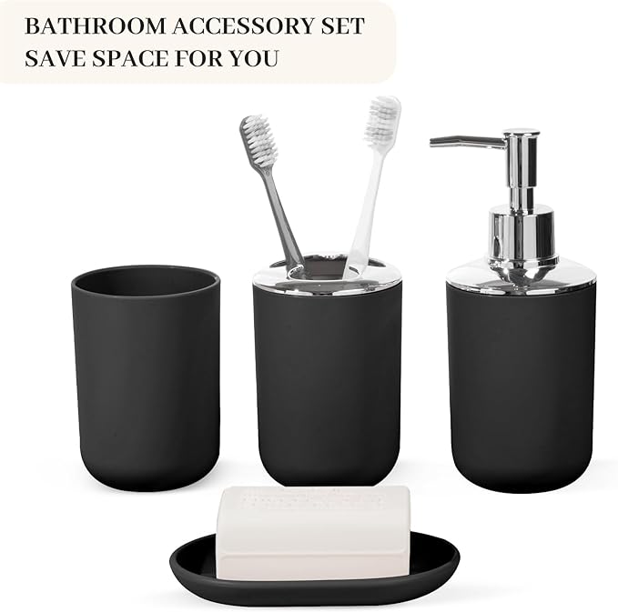 Bathroom Accessory Set, 4 Pcs Plastic Bathroom Set Include Soap Dispenser, Soap Dish, Toothbrush Holder, Mousewash Cup, Modern Bahtroom Décor Set, Space Save for Bathroom(Black)