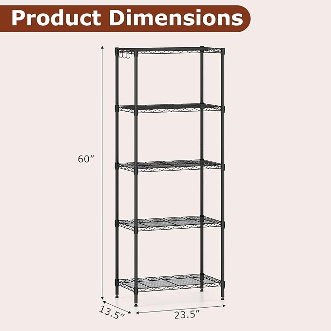 GOFLAME 5-Tier Metal Storage Shelving Unit, Heavy-Duty Adjustable Utility Shelf with V-Shaped Wire Rack, 750 LBS Storage Organizer for Home, Kitchen, Garage, Basement, 23.5”L x 13.5”W x 60”H