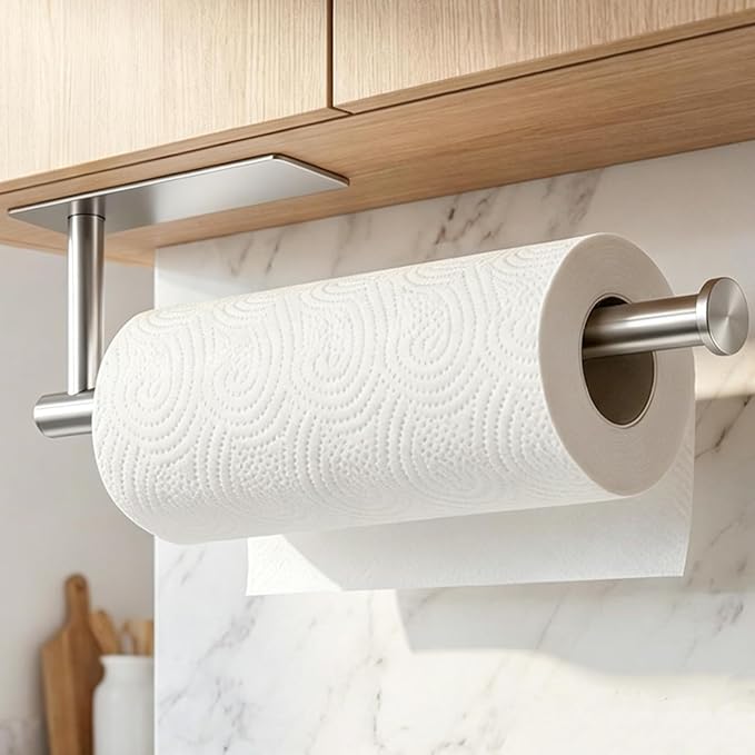 theaoo Under Cabinet Paper Towel Holder for Kitchen, Adhesive Paper Towel Roll Rack for Bathroom Towel, SUS304 Stainless Steel Wall Mount, Both Available for Adhesive and Screws