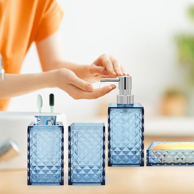 Bathroom Accessories Set, 4 Pcs Bathroom Decor Bathroom Sets Accessories, Diamond Soap Dispenser, Bathroom Tumbler, Soap Dish and Toothbrush Holder Set, Boho Bathroom Decor Blue