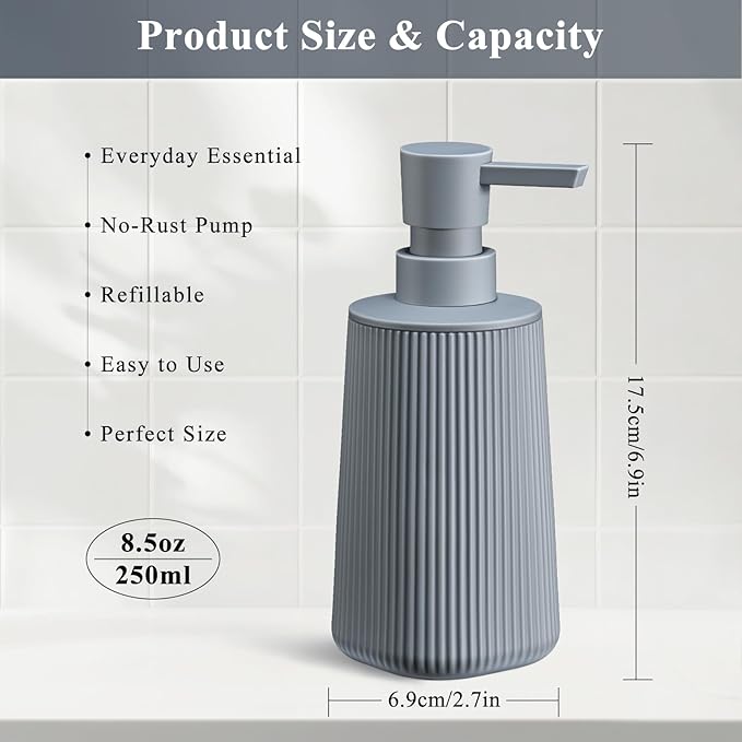 Gray 2 Pack Hand Soap Dispensers Set with No Rust Pump for Bathroom and Kitchen Countertops Refillable Matte Striped Plastic 8.5 oz