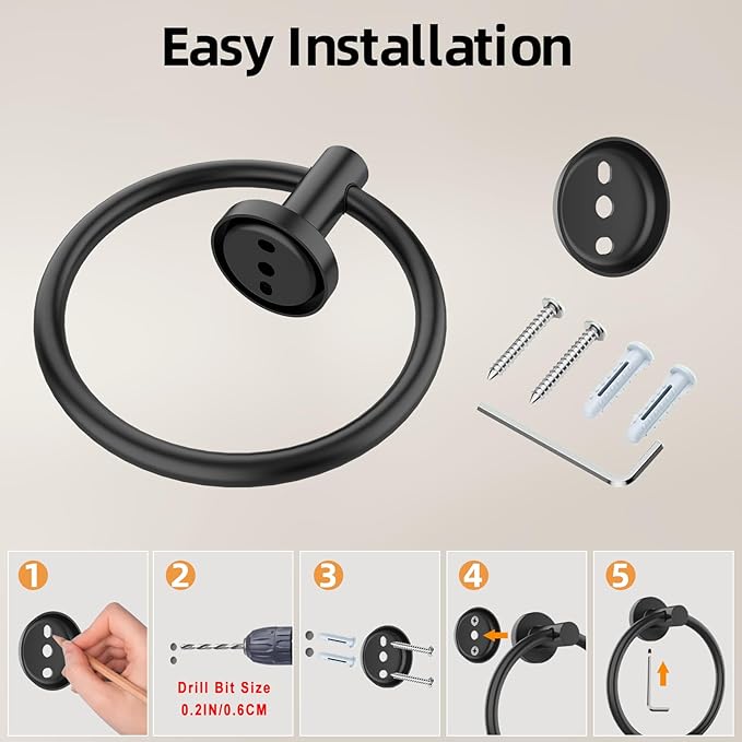 Matte Black Towel Ring 4Pack, SUS304 Stainless Steel Hand Towel Holder for Bathroom Kitchen, Modern Style Towel Hanger, Thicken Ring Towel Holder, Towel Rack Round Wall Mounted