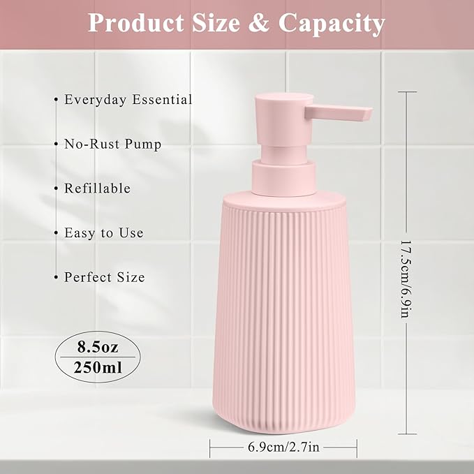 Pink 2 Pack Hand Soap Dispensers Set with No Rust Pump for Bathroom Kitchen or Vanity Countertops Refillable Striped Matte Plastic 8.5 oz Cute Design for Girls Room Decor