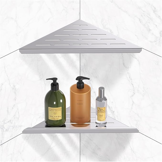 YACVCL Corner Shower Shelf,Brushed Nickel 304 Stainless Steel 10" Slot Design Recessed Corner Shelf Bathroom for Tiled Wall,No-Drill Rack Storage Bathroom Accessories,2 Pack