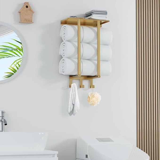Towel Rack with Metal Shelf and 3 Hooks, Bethom Towel Racks for Bathroom Wall Mounted, Metal Gold Bath Towel Holder Storage Wall for Small Bathroom