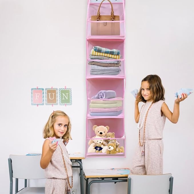Hanging Closet Organizer, 4 Shelf Over The Door Organizer with 2 Hooks, Space Saving Behind The Door Storage Shelves for Pantry, Bathroom, Bedroom, Nursery(Color:Pink)