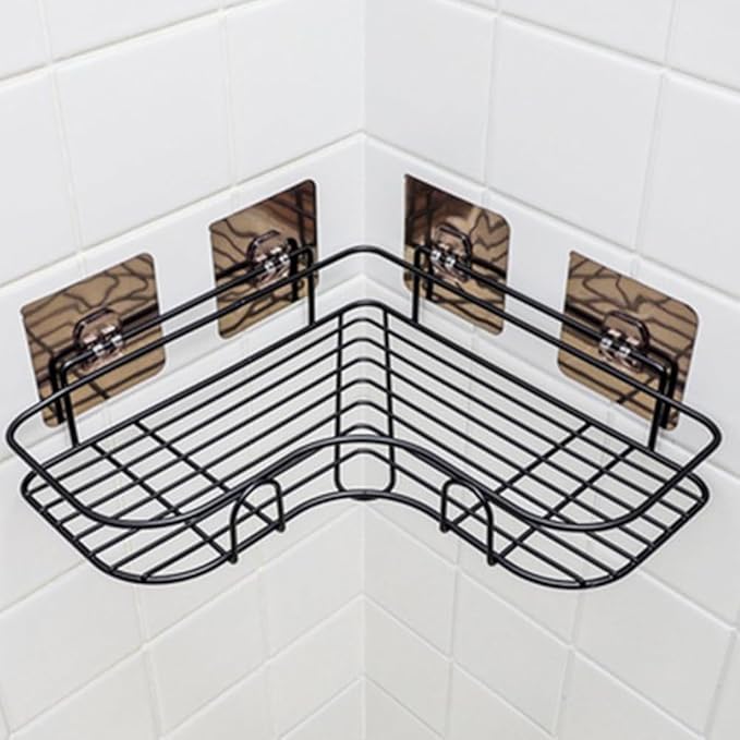 1-Shelf Modern Black Iron Corner Shower Caddy, Strong & Durable, No Drill Wall Mounted Shower Shelf for Bathroom, Kitchen, Bedroom, Office