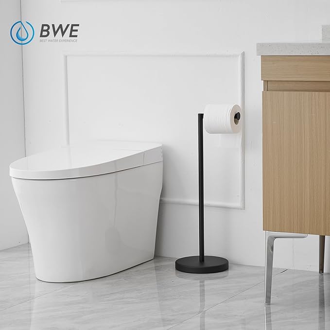 BWE Matte Black Toilet Paper Holder Stand Modern Tissue Roll Holder Storage for 4 Rolls of Paper, Stainless Steel Free Standing Toilet Paper Holder Bathroom Accessories with Weighted Base