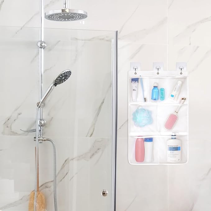 F-color Cruise Essentials 2026 - Mesh Shower Organizer Hanging with 7 Pockets for RV Gym Camping, Quick-Dry Portable Toiletry Bag with Metal Hooks for Bathroom Travel Toiletries,White+White