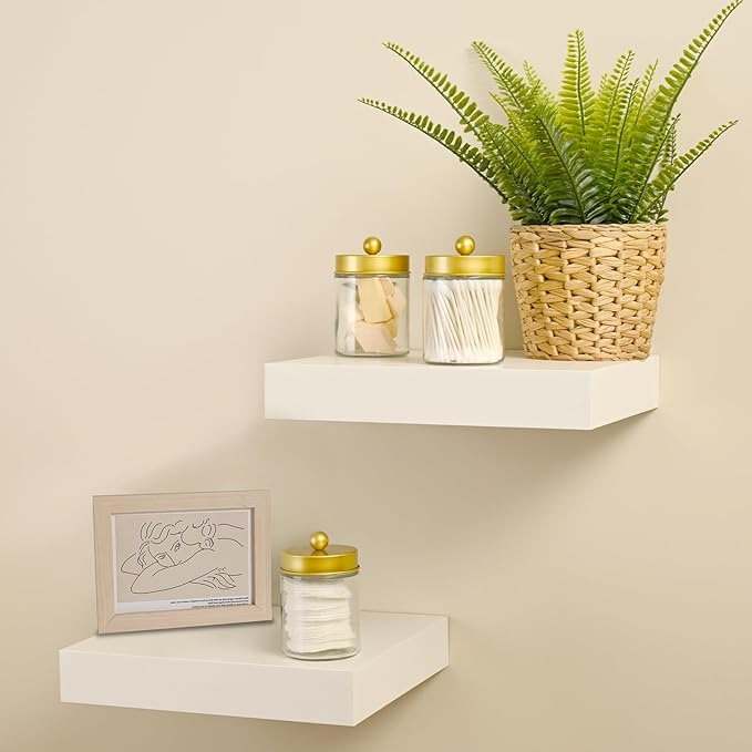 SheeChung 3-Pack Glass Apothecary Jars with Acrylic Vanity Tray - Bathroom Organizer Set for Qtip, Cotton Ball, Floss Picks - Luxury Style Bathroom Accessories Storage Canister(Gold)