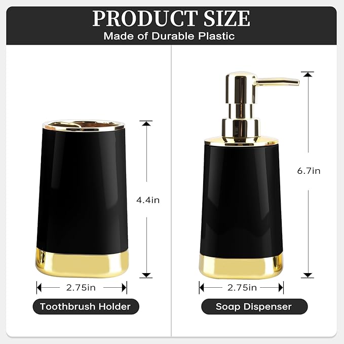 Bathroom Accessories Set, 2Piece Black and Gold Bathroom Accessories Include Soap Dispenser and Toothbrush Holder for Modern Bathroom Decor