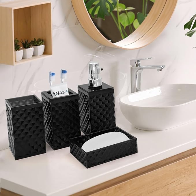 Bathroom Accessories Set, 4 Pcs Black Bathroom Decor Bathroom Sets Accessories, Diamond Soap Dispenser, Bathroom Tumbler, Soap Dish and Toothbrush Holder Set, Boho Bathroom Decor, Black
