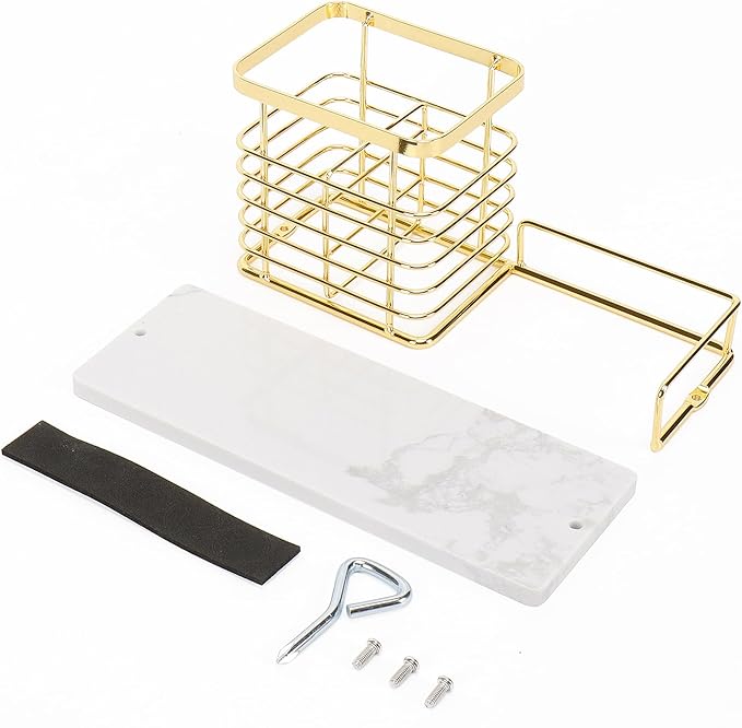 Toothbrush Holder, Luxurious Metal Toothbrush Toothpaste Holder with Marble Base for Bathroom, Multi-Slots Openwork Design, Bathroom Accessory for Storage and Organizer (Large, Gold)