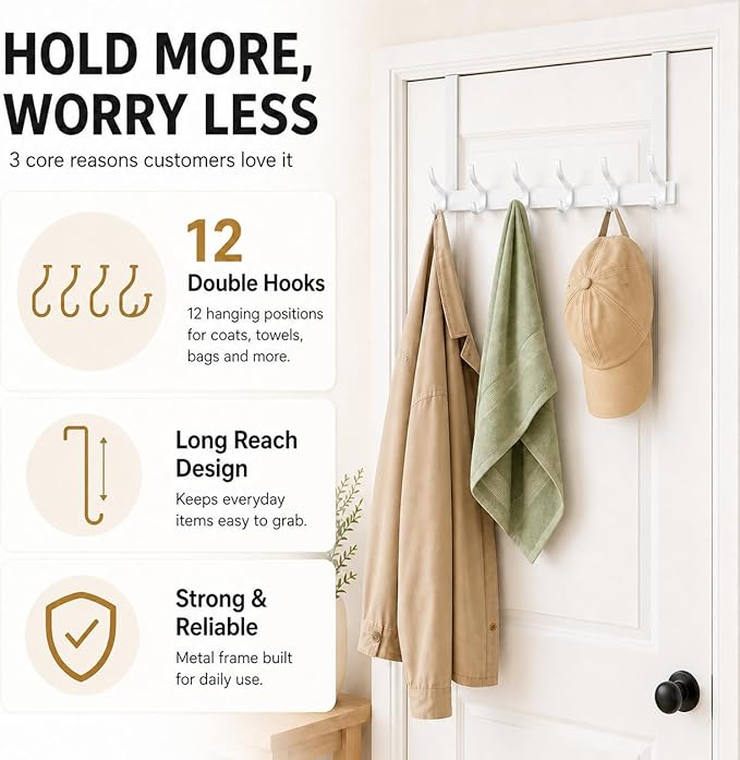 Peasulin Over The Door Hook Rack 11", 6 Double Hooks 12 Hanging Positions, Fits 1-3/4" Doors, White, Anti-Scratch 4 Pads, Over Door Towel Coat Rack Bathroom Bedroom Entryway