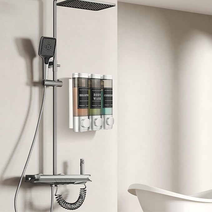 Shower Soap Dispenser Wall Mounted No Drill Shampoo Dispenser for Shower Wall Shampoo and Conditioner Dispenser Bathroom Hotel 3 * 300ml Sliver with Labels