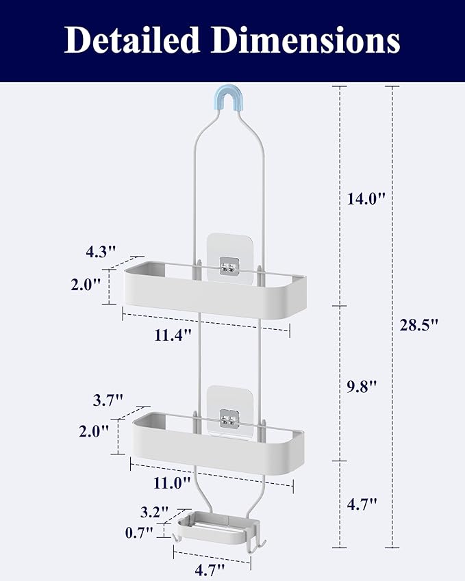 Kitsure Shower Caddy Hanging - No-Drill Bathroom Organizers and Storage, Wobble-Free Bathroom Shelves with Adhesive Tapes, Rust-Proof Shower Storage for Toiletries, White, 28.5" H