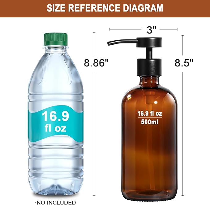 RYTOXILO Hand Soap Dispenser for Bathroom 2 Pack, Amber Glass Soap Dispenser with Stainless Steel Pump, 16.9 Fl oz Hand and Dish Soap Dispensers Set Kitchen, Modern Brown Soap Lotion Dispensers Bottle