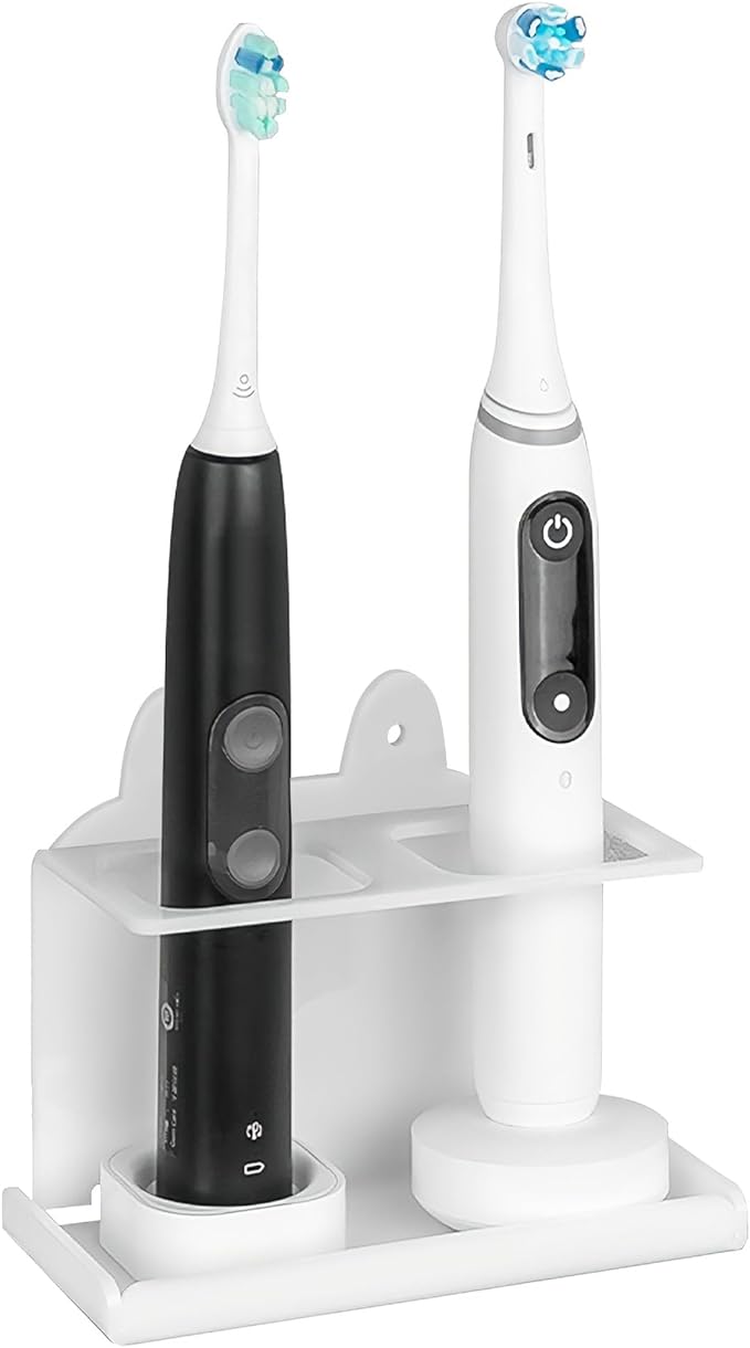 Electric Toothbrush Holder Wall Mounted, Electric Toothbrush Cord Organizer Holds 2 Chargers, Self Adhesive Electric Toothbrush Stand for Bathroom, Medicine Cabinet, Dorm(White)