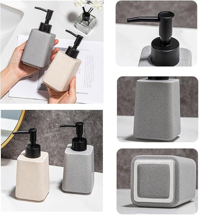 Beige Soap Dispenser and Toothbrush Holder Set,2pcs Ceramic Bathroom Accessories Set,Lotion Dispenser and Tumbler for Modern Bathroom Decor
