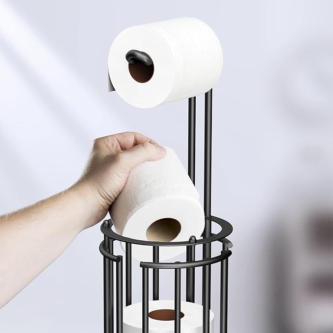 Meangood Toilet Paper Holder Stand and Tissue Paper Roll Dispenser for 4 Mega Rolls, Bathroom Free Standing Tissue Roll Storage Holder Rack, Detachable (Matte Black)