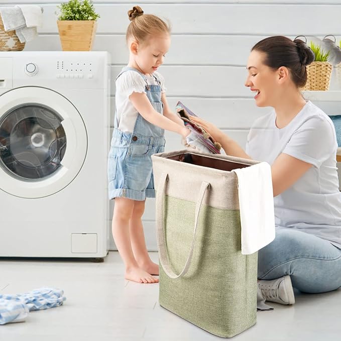 Laundry Basket with Handles Beige&Green Slim Laundry Bin Collapsible Dirty Clothes Basket Narrow Laundry Bag Foldable Dirty Hamper for Camping, Dorms, Apartments