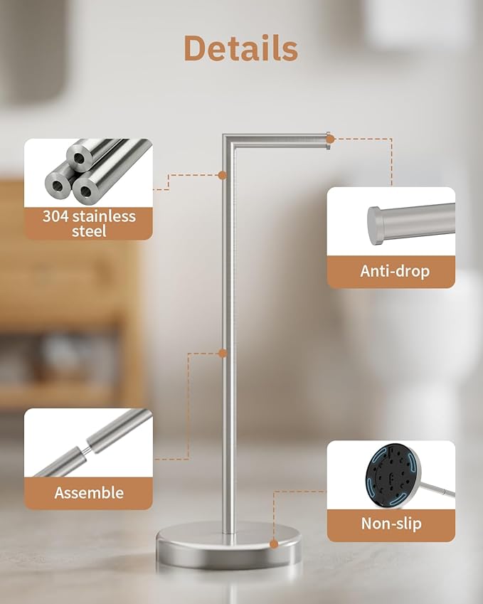 BWE Brushed Nickel Toilet Paper Holder Stand SUS304 Stainless Steel Modern Freestanding Toilet Paper Roll Tissue Holder for Bathroom, Toilet Paper Stand with Heavy Weighted Base