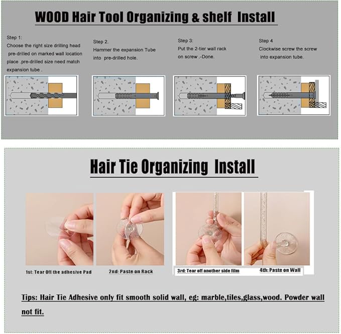Wall-Mounted Hair Tool Organizer with Heat Resistance - Set of 2 Layer Rustic Blow Dryer Holder (Dark Brown)