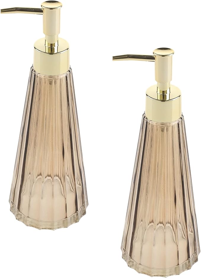 MyGift 2 Pcs Vintage Soap and Lotion Dispenser Set, Smoked Glass and Brass Liquid Pump Dispenser with Vertical Ribbed Design