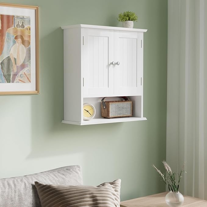 Smuxee White Bathroom Cabinet Wall Mounted, Small Bathroom Medicine Cabinet with 2 Door Adjustable Shelves, Bathroom Wall Cabinet Over Toilet for Laundry Room Kitchen