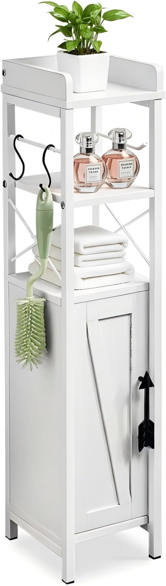 VECELO Small Bathroom Storage Cabinet with Shelves & Metal Racks, Slim Toilet Paper Holder, Bathroom Organizer Cabinet for Narrow Spaces, White, Farmhouse Style
