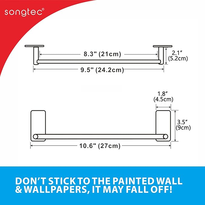 Adhesive Black Towel Bar 9-inch, Stick On Bath Towel Rack, Hand Towel Holders, No Drilling on Wall - Black