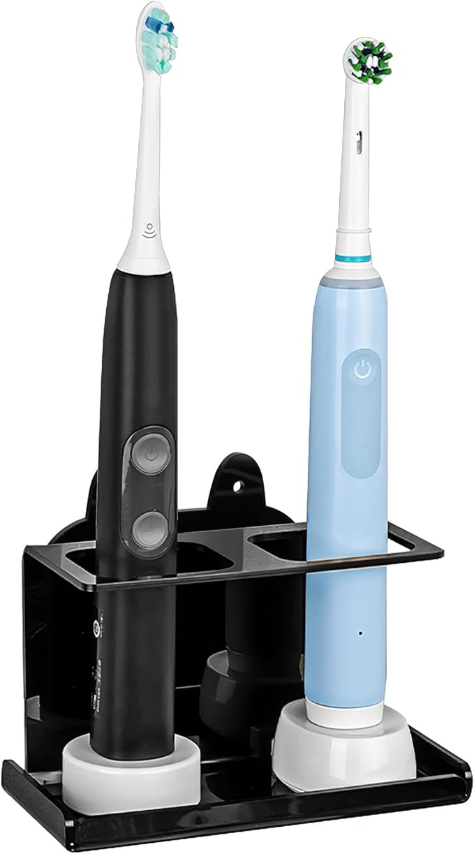 Electric Toothbrush Holder Wall Mounted, Electric Toothbrush Cord Organizer Holds 2 Chargers, Self Adhesive Electric Toothbrush Stand for Bathroom, Medicine Cabinet, Dorm(Black)