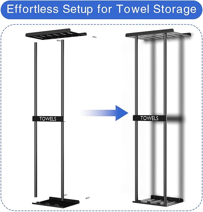 2-Tier Wall-Mounted Towel Rack with Hooks & Shelf, Black Metal Towel Holder for Small Bathrooms (Standard Version)