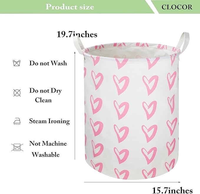 CLOCOR Pink Laundry Basket,Waterproof Baby Girls Nursery Hamper, Girls' Room Decor,Kids Toys Storage Bin,Gift Basket(Pink Heart