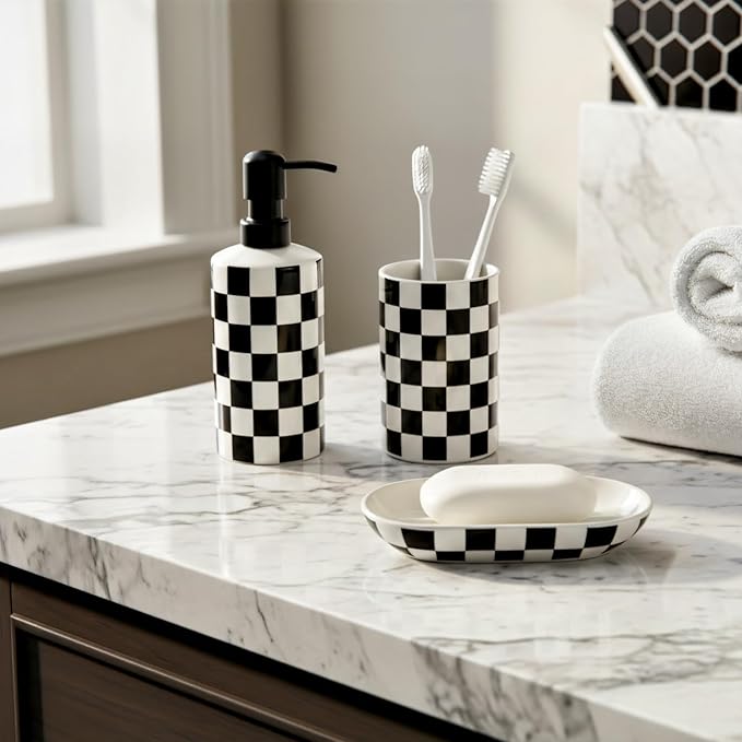 Tooth brush Holder for Bathroom, Black and White Ceramic Toothbrush Holders for Bathrooms, Modern Cute Toothbrushes and Toothpaste Caddy for Bath Countertop Storage Organizer, Checkered Bathroom Decor