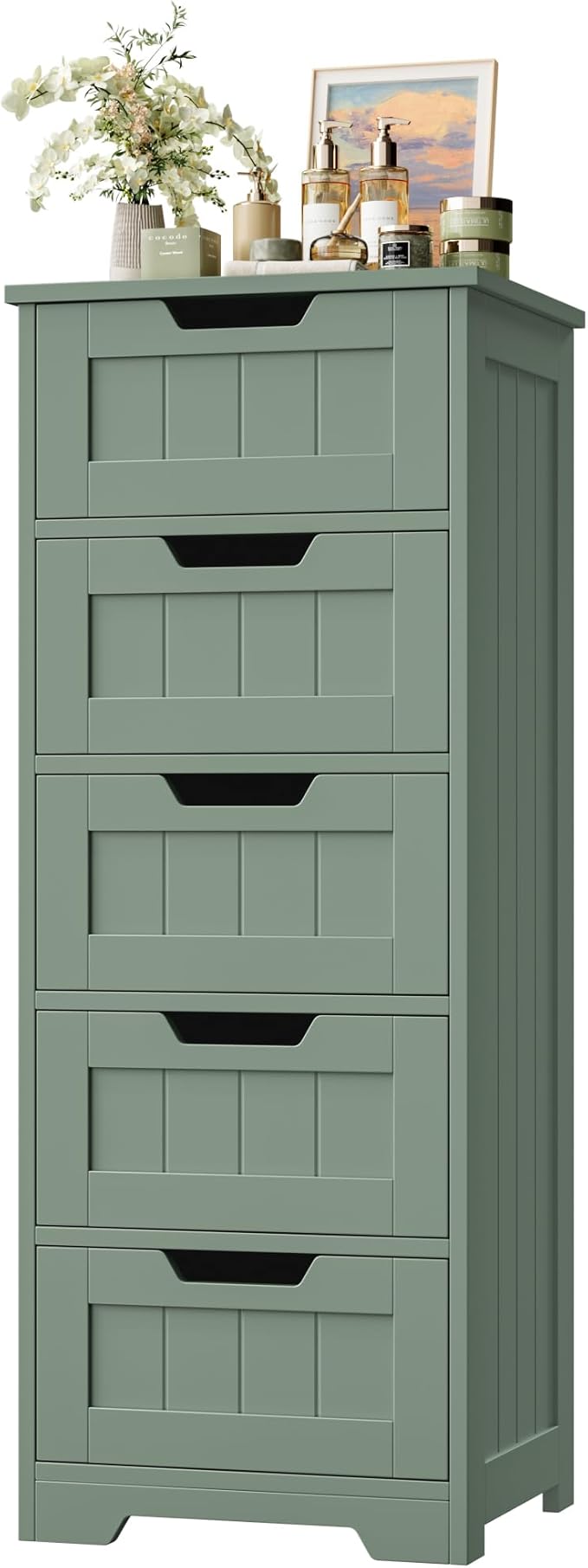 FOTOSOK Bathroom Cabinet, Bathroom Storage Cabinet with 5 Drawers, Wooden Storage Cabinets with Cut-Out Handles, 11.8” x 15.7” x 40.1” Bathrooms Floor Cabinets for Hallway/Living Room, Green