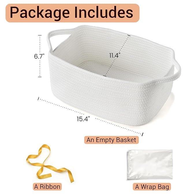 Small Woven Gift Basket Empty with Bag & Ribbon - Gifts for Mom, Baby Shower, Birthdays & Raffle - Cotton Rope Storage Basket for Dog Toys or Shelf - 15.4"x11.4"x6.7", Off White
