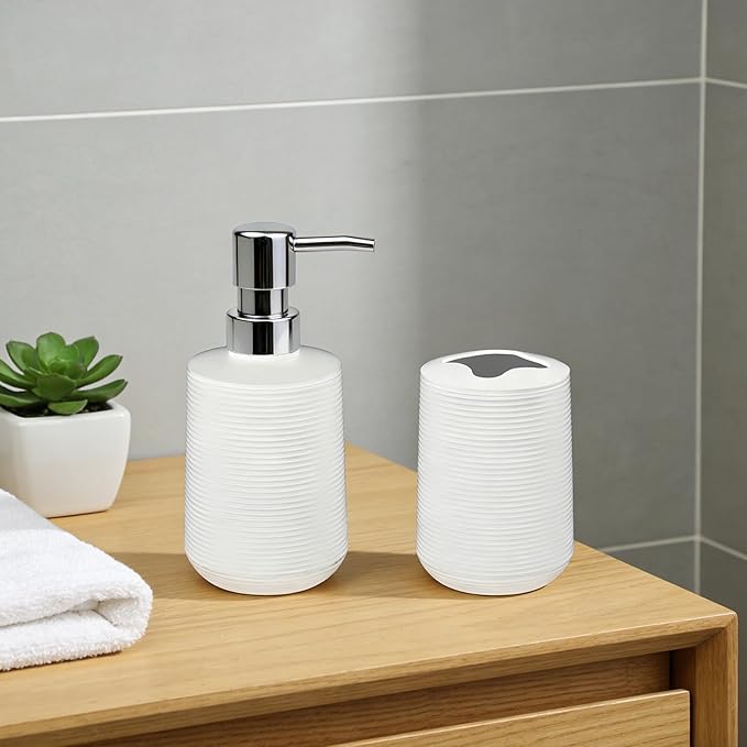 Bathroom Accessories Set, Bathroom Soap Dispenser & Toothbrush Holder Set, 2 Piece High Capacity Organizer in White, Minimalist Boho Style for Clutter Free Bathroom